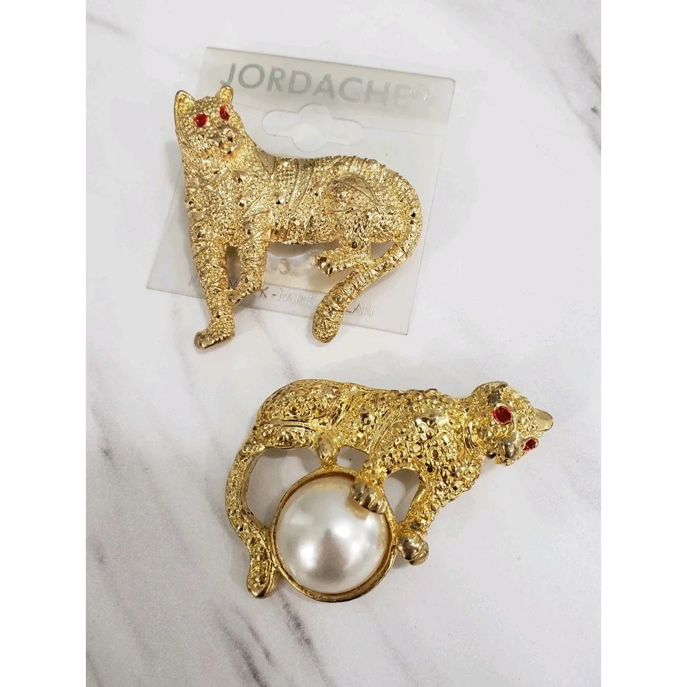 LOT 2 - Vintage Jordache Gold tone Panther Leopard Jaguar Brooch Pin Big Cat‎ - Picture 5 of 5